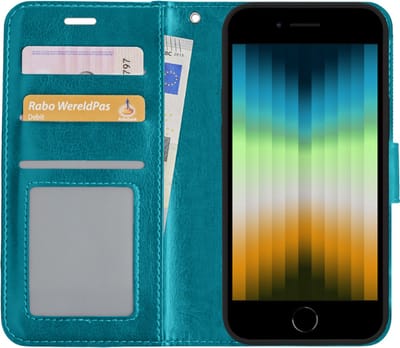 Hoesje - Met Pasjeshouder - Geschikt voor Apple iPhone SE (2022) - Luxe Bookcase Portemonee - Flip Case - Kunstleer Book Case - Flipcase - Book Cover - Walletcase - Portemonneehoes - Turquoise