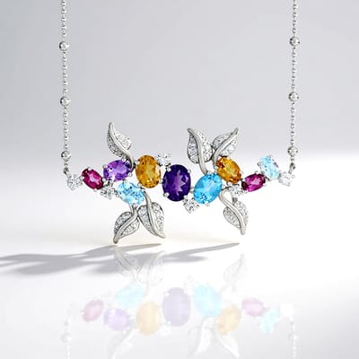Cavill - Elegante Halsketting 925 Sterling Zilver Rhodium - Zwitserse Blauwe Topaas 1,125 ct Ovaal - Roze Topaas & Amethist - Dames Sieraden
