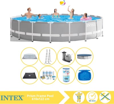Intex Prism Frame Zwembad - Opzetzwembad - 610x122 cm - Inclusief Onderhoudspakket, Filter, Solar Mat en Voetenbad
