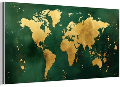 Aluminium schilderij 160x80 cm - Wanddecoratie metaal - Wereldkaart - Groen - Goud - Metalen muurdecoratie woonkamer - Decoratie industrieel - Foto op dibond - Industriële accessoires slaapkamer
