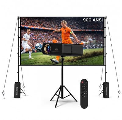 Beamer met WiFi & Bluetooth, 100 Inch Projectiescherm & Standaard van MMOBIEL – Native 1080P, 900 ANSI, 4K Ondersteuning, Automatische Keystone Correctie, 50-300 Inch – Voor HDMI, USB, iOS & Android