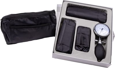 Aneroïd bloeddrukmeter set - palm type - handmatige bloeddrukmeter - drie manchetten - complete set inclusief etui