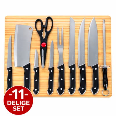 Majestix – Messenset 11-delig met Snijplank – RVS Keukenmessen – Houten Snijplank – Bamboe – Compleet Messenset