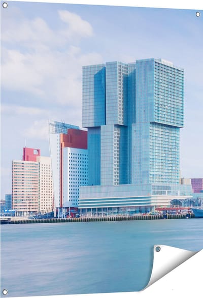 Gards Tuinposter Rotterdamse Skyline aan het Water - 80x100 cm - Tuindoek - Tuindecoratie - Wanddecoratie buiten - Tuinschilderij