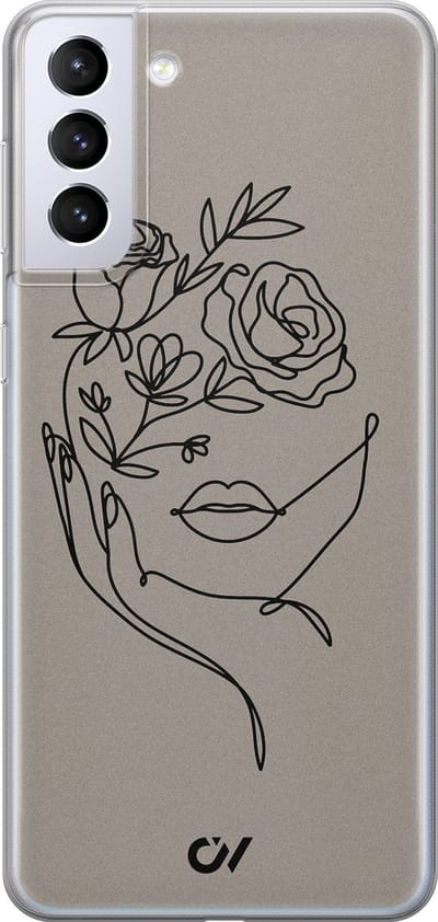 Hoesje geschikt voor Samsung Galaxy S21 hoesje - Oneline Face Flower - - Grijs - - Casevibes