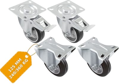 AMIG Meubelwielen 125mm Set van 4 Rem+Bok - 360kg Rubber Rollager Zwart