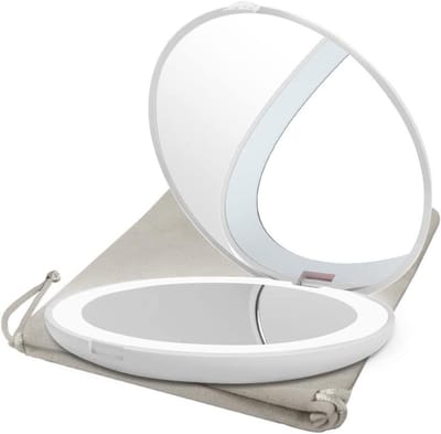 Reisspiegel met LED - Vergrotingsspiegel Zakspiegel - Make-up aanbrengen - Dubbelzijdig 1x en 10x - 8.9 cm diameter - Wit