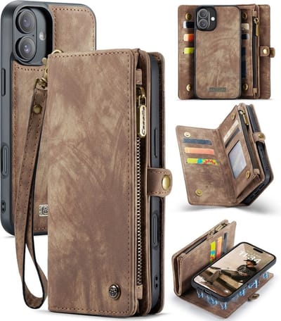 CaseMe Hoesje - Geschikt voor iPhone 16 Plus Hoesje - CaseMe 008 2-in-1 Book Case & Back Cover met Portemonnee - Bruin