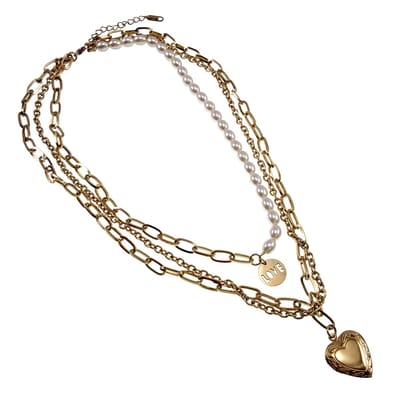3 Lagen Halsketting, LOVE Hanger en Hart voor Fotos, Dames Ketting met Parels, RVS Verguld - Verstelbaar 45- 50cm