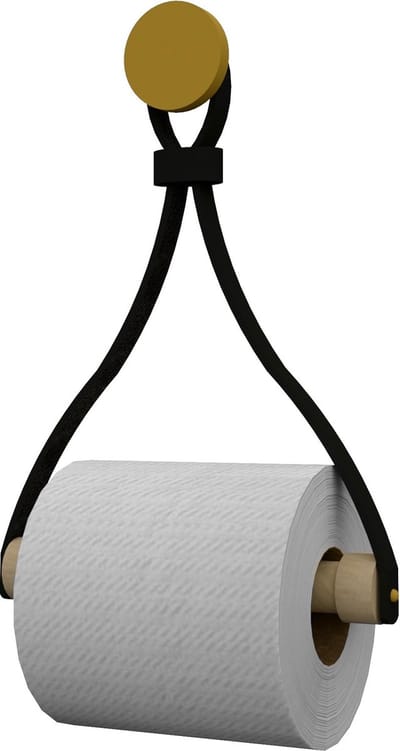 Leren toiletrolhouder 'Triangle' - met Zuignap én schroef - Handles and more® | ZWART - roldrager: Rondhout - knop: Goud