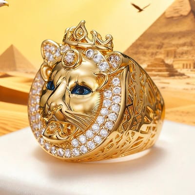 Huitan Hip Hop Goudkleurige Leeuwenkoning Kroon Ring voor Mannen/Vrouwen Blauwe Ogen Leeuwenkop Dierlijke Vingerringen Luxe Punk Unisex Sieraden 9 brown