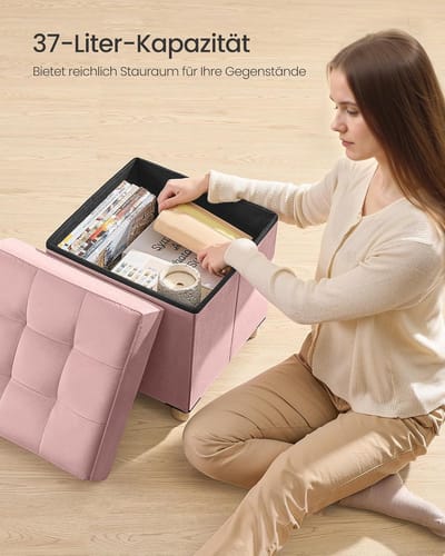 Poef met opbergruimte, opvouwbare kruk, 38 x 38 x 40 cm, 37 L opbergdoos met deksel, fluweel, tot 300 kg belastbaar, pastelroze, voor hal, woonkamer of slaapkamer