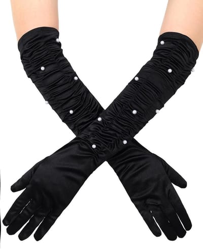 Zwarte Fluwelen Kralen Handschoenen voor Dames, Lange Elleboogstijl, Perfect voor 1920s Opera en Flapper Feestjes