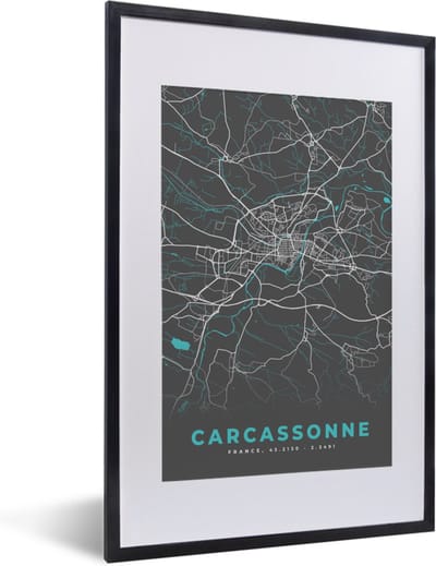 Fotolijst incl. Poster - Carcassonne - Frankrijk - Plattegrond - Kaart - Stadskaart - 40x60 cm - Posterlijst