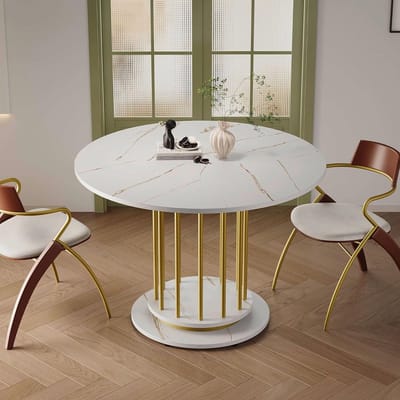 Ronde Eettafel - Keukentafel Marmer - Gezellig Tafelen - Marmer Effect - 110 cm Diameter - Wit Goud