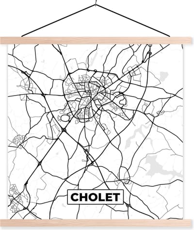 Posterhanger incl. Poster 40x40 cm - Schoolplaat - Cholet - Frankrijk - Plattegrond - Stadskaart - Kaart - Zwart wit - Textielposter - Blanke latten - Stadskaart