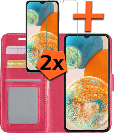 Hoes - Met 2x Screenprotector - Geschikt voor Samsung Galaxy A23 - Luxe Pasjeshouder - Bookcase Portemonee - Flip Case - Kunstleer Book Case - Flipcase Hoes - Book Cover - Walletcase - PortemonneeHoes - Donkerroze