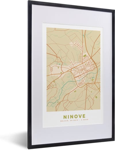 Fotolijst incl. Poster - Ninove - Plattegrond - Vintage - Kaart - Stadskaart - 40x60 cm - Posterlijst