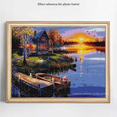 Diamant borduurwerk meer zonsondergang volledige ronde steentjes 5D DIY diamant schilderen kruissteek 20X30CM black