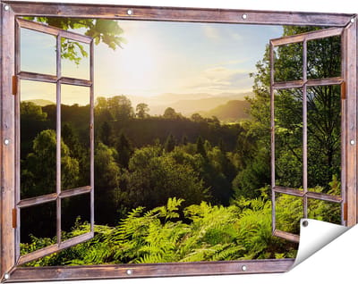 Gards Tuinposter Doorkijk Zonsondergang vanuit een Bos - 120x80 cm - Tuindoek - Tuindecoratie - Wanddecoratie buiten - Tuinschilderij