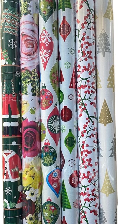 FESTIVE GIFTS Inpakpapier - Cadeaupapier - 200 x 70cm - 6 rollen - Kerst - Luxe Cadeauverpakking - Kleurrijk