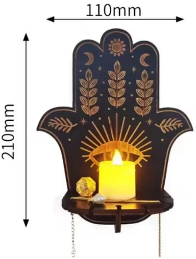 Spirituele Wandplank met Kaarsenhouder - Houten Kristalhouder - Mystiek Decoratie - Set van 6: Kat, Wolf, Uil, Slang, Mot & Hamsa Hand - Zwart/Goud