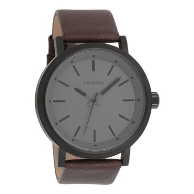 OOZOO Timepieces - Zwarte horloge met bruine leren band - C8254