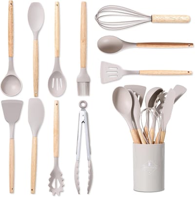 Famanu - 12-Delige Set Keukengerei Set Van Siliconen, Hittebestendig, Antikleef, Met Houten Handvat, Geschikt Voor Alle Pannen En Potten, Keukenaccessoires (Kaki)