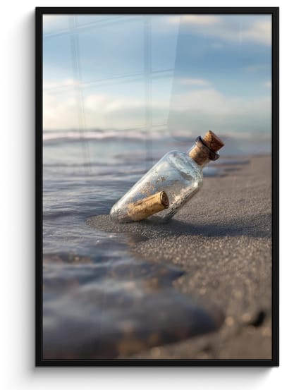 Poster in lijst - Fotolijst 80x120 cm - Posters - Glazenfles - Post - Zee - Zand - Posterlijst zwart - Decoratie - Wanddecoratie woonkamer - Muurdecoratie slaapkamer
