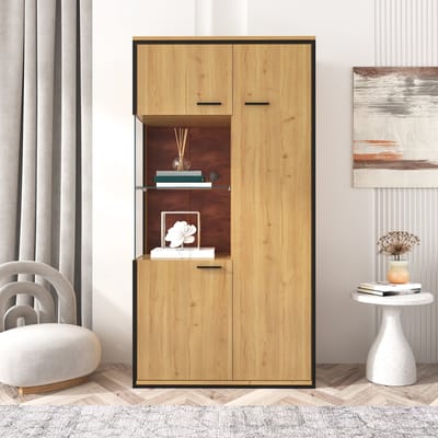 MODFU Opbergkast 77,5x40x150 cm van MDF, met glazendeur en LED-verlichting, 3 verstelbare planken