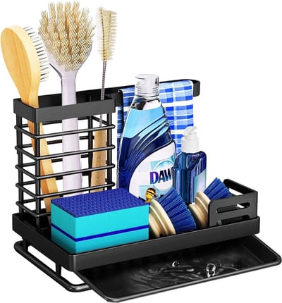 keuken organizer, roestvrij staal, spoelbakhouder, gootsteen, caddy organizer, keuken, sponshouder met afdruipbak voor keukenborstel, spoeldoek, gootsteen organizer, keuken en badkamer, Zwart