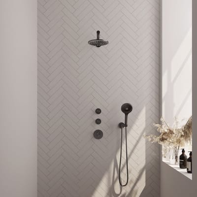 Brauer Gunmetal Carving thermostatische inbouw regendouche SET 07 met 20 cm douchekop en rechte muurarm en 3-standen handdouche en doucheslang en wandaansluitbocht gunmetal geborsteld PVD