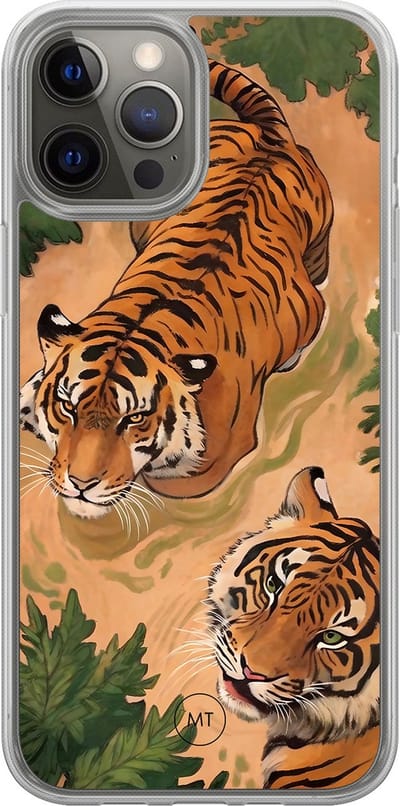 Hybride hoesje geschikt voor iPhone 12- Wild tigers - Extra bescherming - Luxe beschermhoes - TPU case - Transparant, Oranje - Mooie Telefoonhoesjes