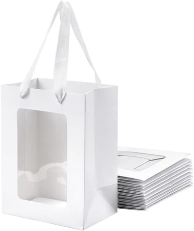12 Stuks Kraftpapier Geschenkzakjes met Doorzichtig Venster, 20 x 15 x 10,3 cm, Ideaal voor Verjaardagen, Bruidsfeesten en Festivals, Papieren Boodschappentassen met Handgrepen