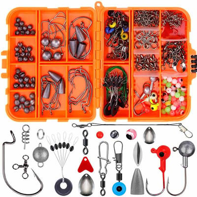 Ensemble de 257 pièces d'appâts de pêche Métal ABS Résistance à la corrosion Anti-emmêlement Kit d'hameçons de pêche pour l'extérieur avec boîte de rangement orange orange