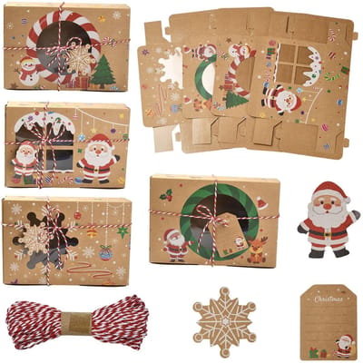 Dailygoods- Snoepdozen met kerstthema - 12 sets - Rechthoekige verpakkingsdoos - Venster - Jute koord - Perfect voor geschenken - 20,5 x 6 x 14 cm - Cadeaudozen
