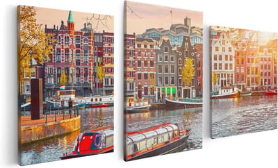 Artaza Canvas Schilderij Drieluik Amsterdamse Huisjes Vanaf De Grachten - 120x60 cm - Wanddecoratie Woonkamer - Schilderijen - Muurdecoratie