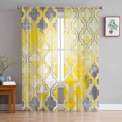 Vintage Abstract Marokko Geel Transparante Gordijnen voor Woonkamerdecoratie Raamgordijnen Keuken Tule Voile Organza Gordijnen W135 x H115cm x1 yellow