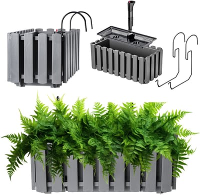 KADAX Bloembak, balkonpot in 2 maten en 4 kleuren, bloempot in lattenlook, plantenbak in landelijke stijl, plantenbak met rubberen kurken, 40 cm, antraciet