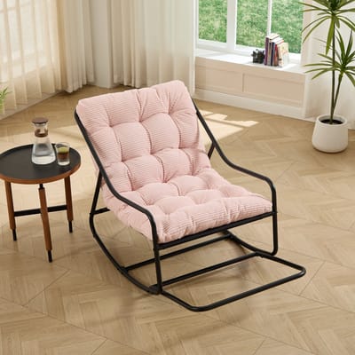 Schommelstoel tuin - ROLIPO - loungestoel / relaxstoel / buitenstoel met dik kussen - zwart stalen frame met **roze** corduroy zitkussen - voor woonkamer, slaapkamer, leeshoek, balkon en terras - 75 x 116 x 82 cm