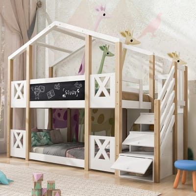 Wishdor Boomhut Hoogslaper 90x200 cm - Schoolbord & Opbergtrap - Wit/Naturel Hout - EN747 - Avontuurlijk & Compleet
