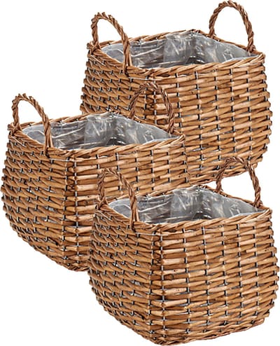 Set van 3x stuks plantenbak manden gevlochten riet met binnenmand 23 x 23 x 15 cm - Voor binnen/buiten