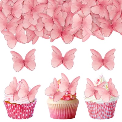 Dailygoods- Taartdecoratie 48 Stuks Eetbare Vlinders - Roze Taarttopper - Cupcake Decoratie - Bruiloft/Verjaardag - Eetbaar Wafelpapier - Geschikt voor Feesten - Taarttoppers