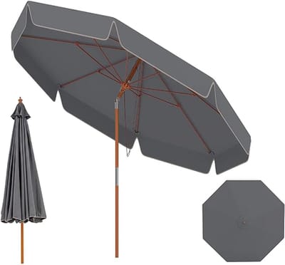 KOMFOTTEU Parasol 300 cm - met volant - Beukenhouten - stokparasol - 30° kantelbaar - tuinparasol - 8 glasvezel baleinen - voor tuin, strand, balkon