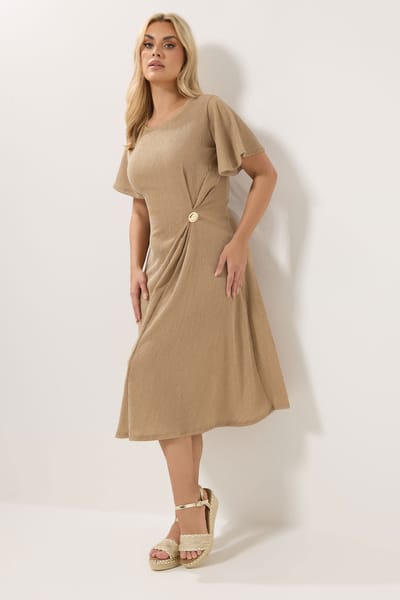 Yours Naturelbruine Jurk Met Knoopdetail En Textuur Size 44