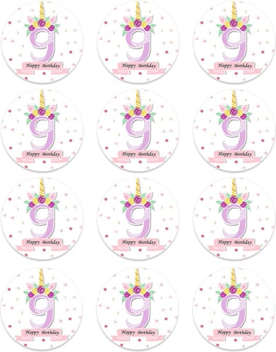 DW4Trading Sticker Happy Birthday Eenhoorn 9 Jaar - Ø 4,5 cm - 12 Stuks - Paars
