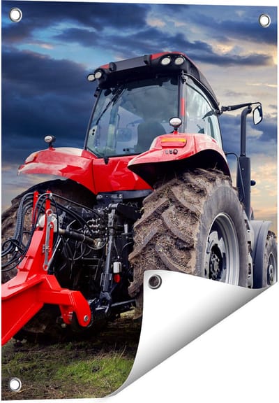 Gards Tuinposter Rode Tractor bij Zonsondergang - Trekker - 40x50 cm - Tuindoek - Tuindecoratie - Wanddecoratie buiten - Tuinschilderij