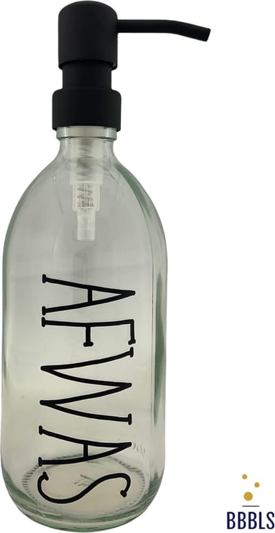 BBBLS® Design Dispenser "Afwas" | Transparant Glas | 500ml | RVS / Metaal Pomp Zwart | Zeeppomp | Zeepdispenser | Zeephouder