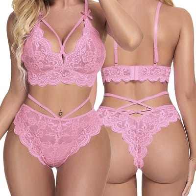 Sexy lingerieset voor dames, kanten stringset, verleidelijke 2-delige set met bh en kanten slipje, Roze,S