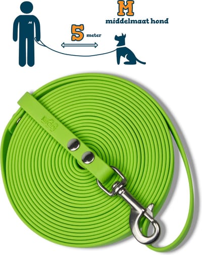 Miqdi lange lijn - BioThane® - lichtgroen - 5 meter lang – 13mm breed – M – middelmaat hond – lange hondenriem